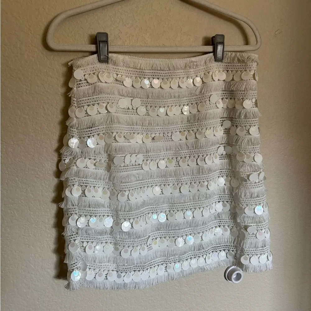 Boston Proper Fringe Sequin Two Piece Skirt Set‎ Sz 10 Cream